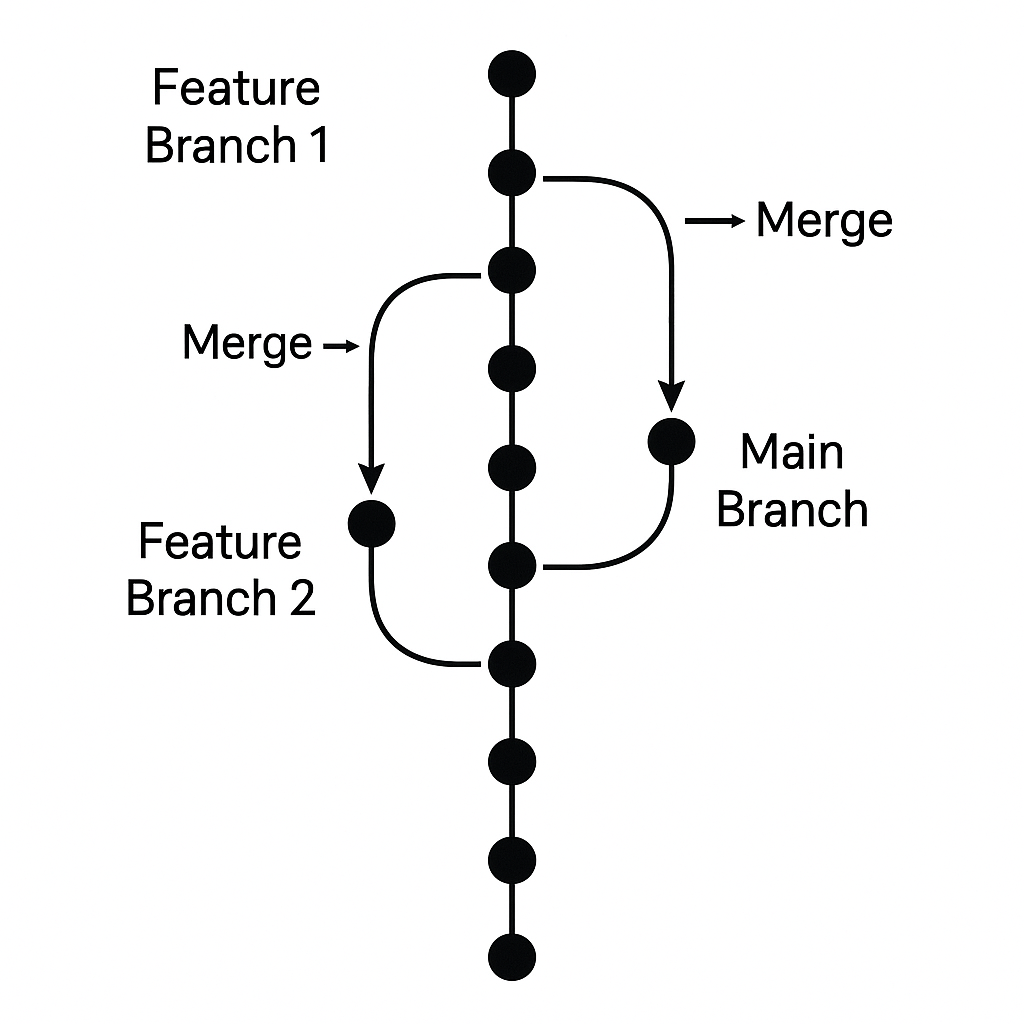Feature Branch 워크플로우 다이어그램 - main 브랜치와 여러 feature 브랜치들