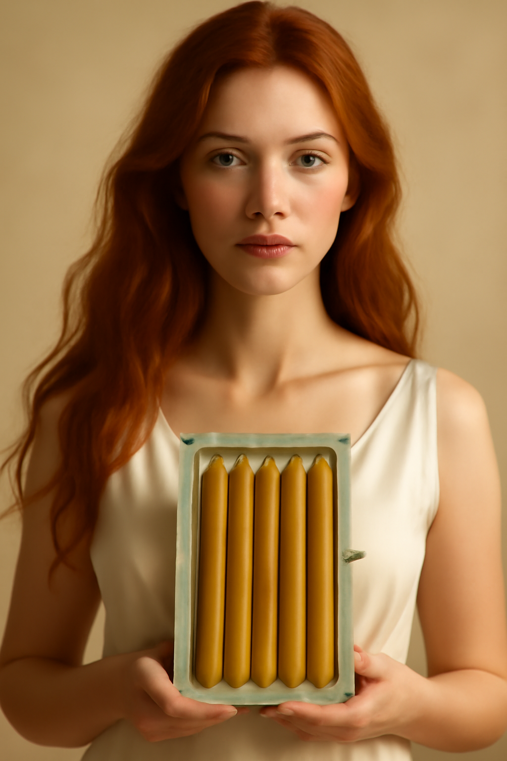 Photorealistic portrait, long red hair, white silk dress, rim light, creamy background, holding candle mold