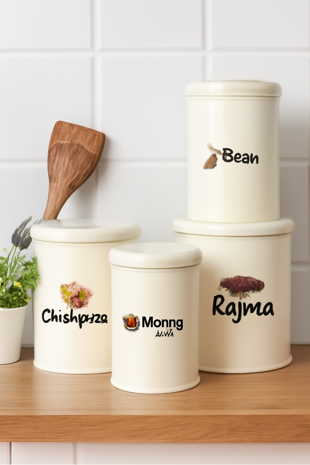 Kitchen jars with Chickpeas, Moong Dal, Rajma, Besan stickers, no watermarks