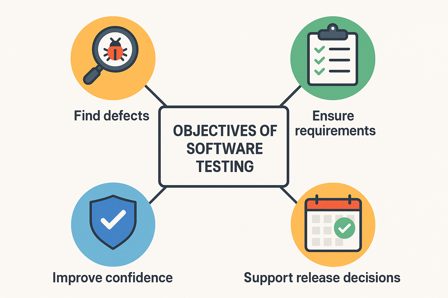 Diagrama dos quatro objetivos principais dos testes de software