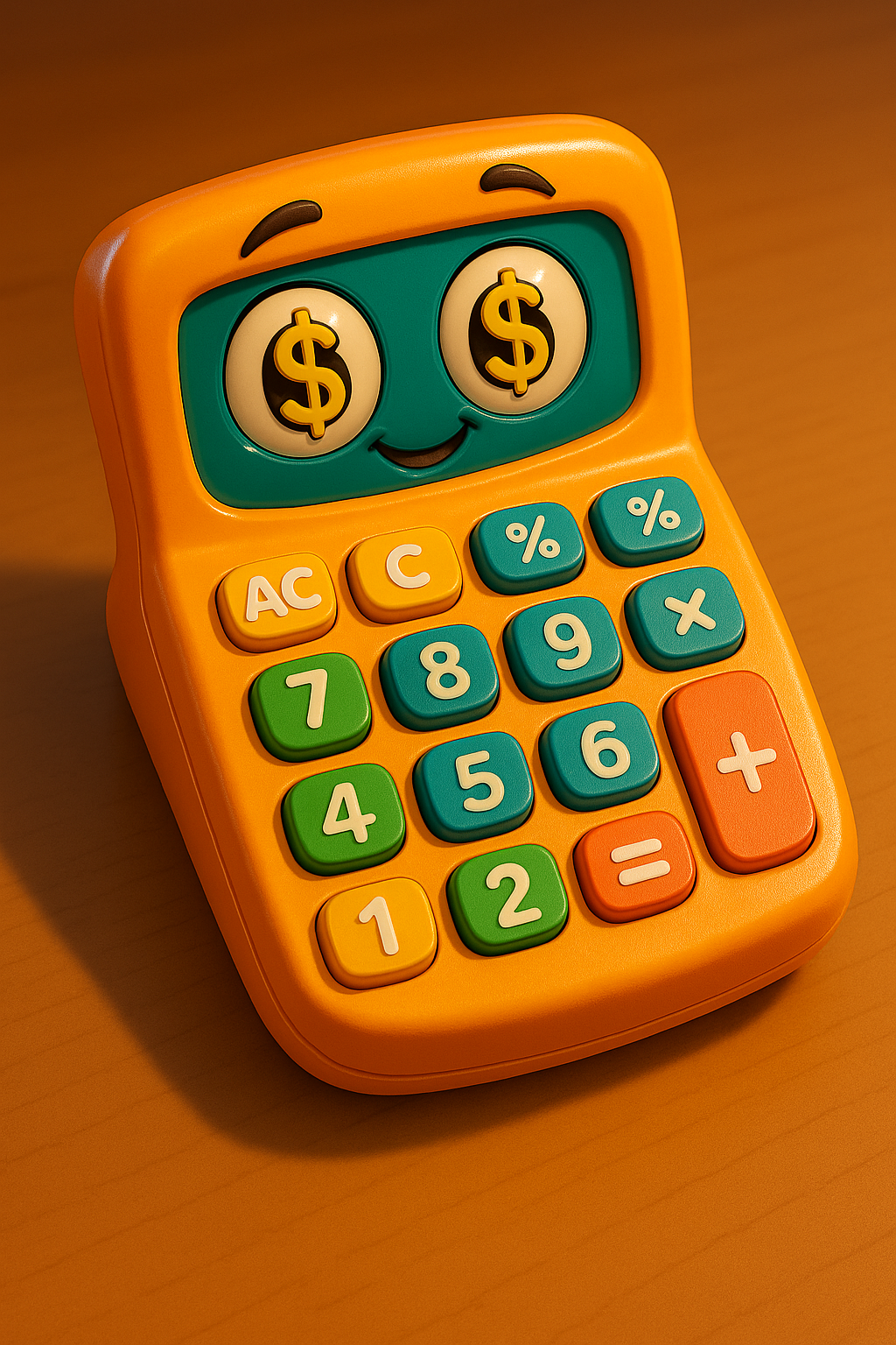 Pixar-style calculator with dollar signs in its eyes
