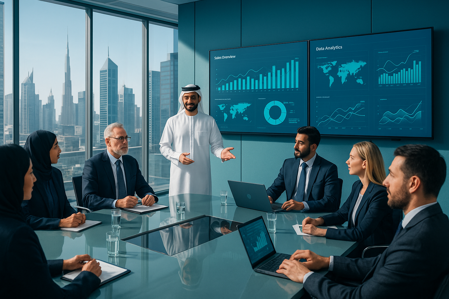 Professional actuarial consulting meeting with data analytics in modern Dubai office