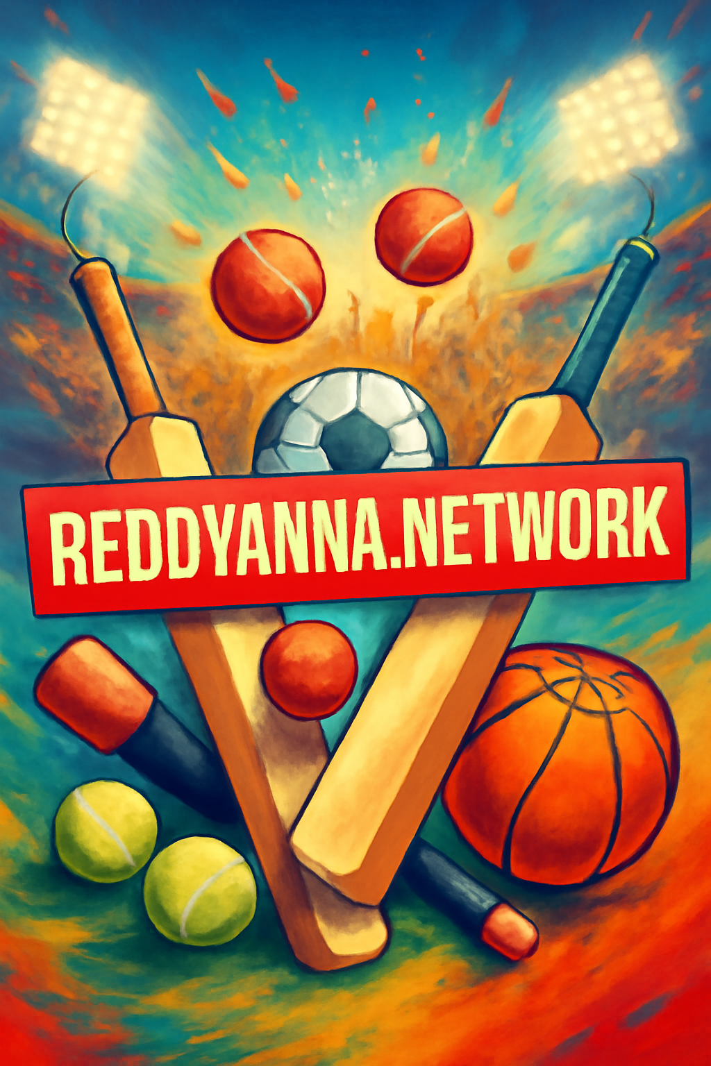 Sports-style ad poster for reddyanna.network with sports equipment and community background