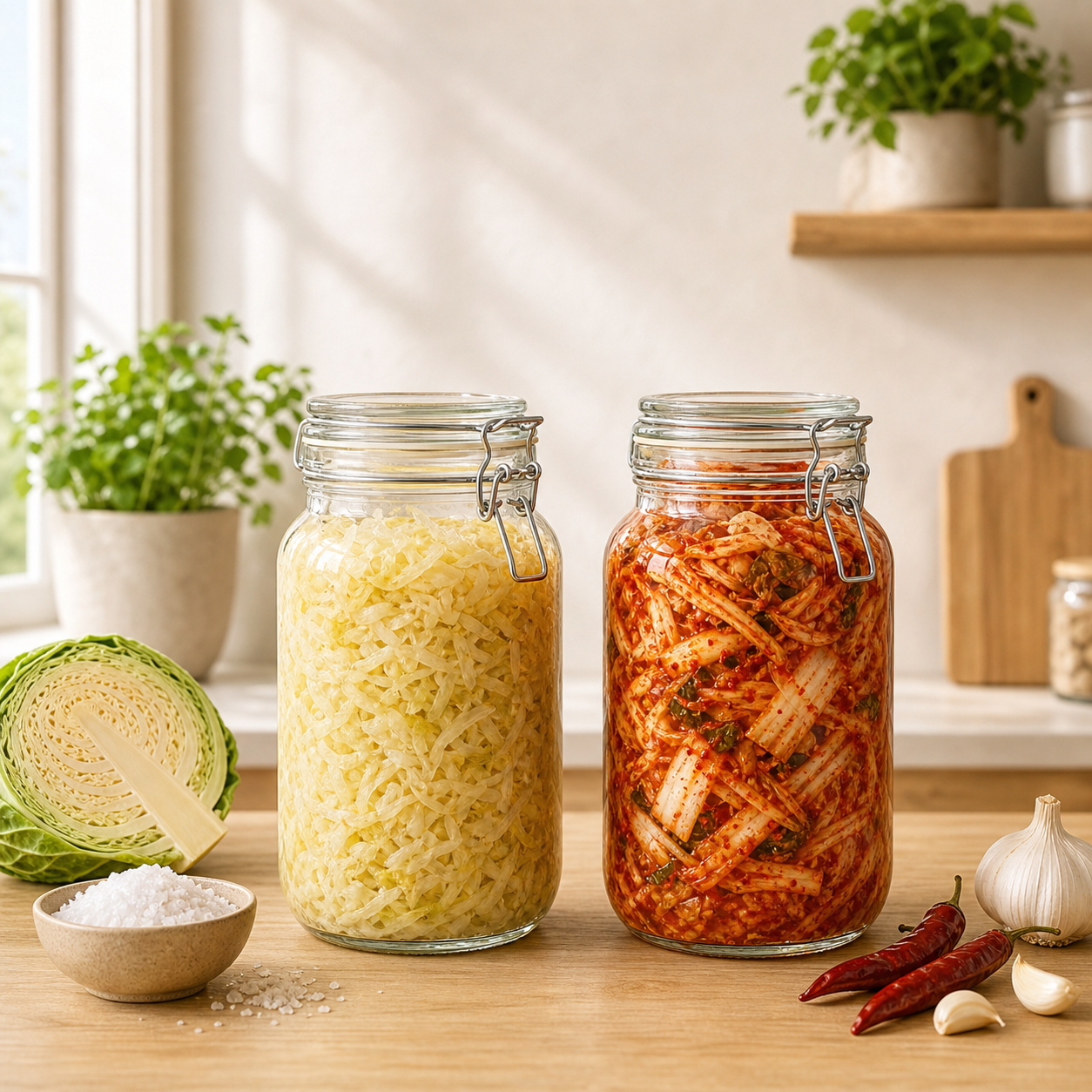 Zwei Fermentiergl. mit Sauerkraut und Kimchi nebeneinander