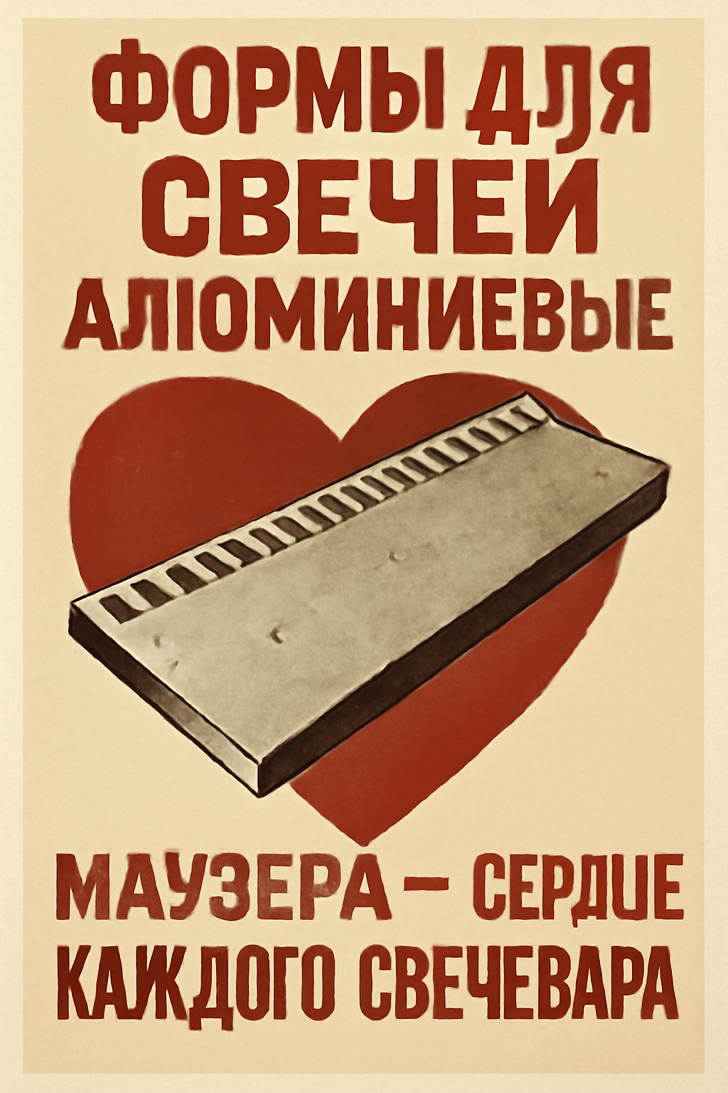 Soviet-style poster with aluminum candle molds and heart symbol