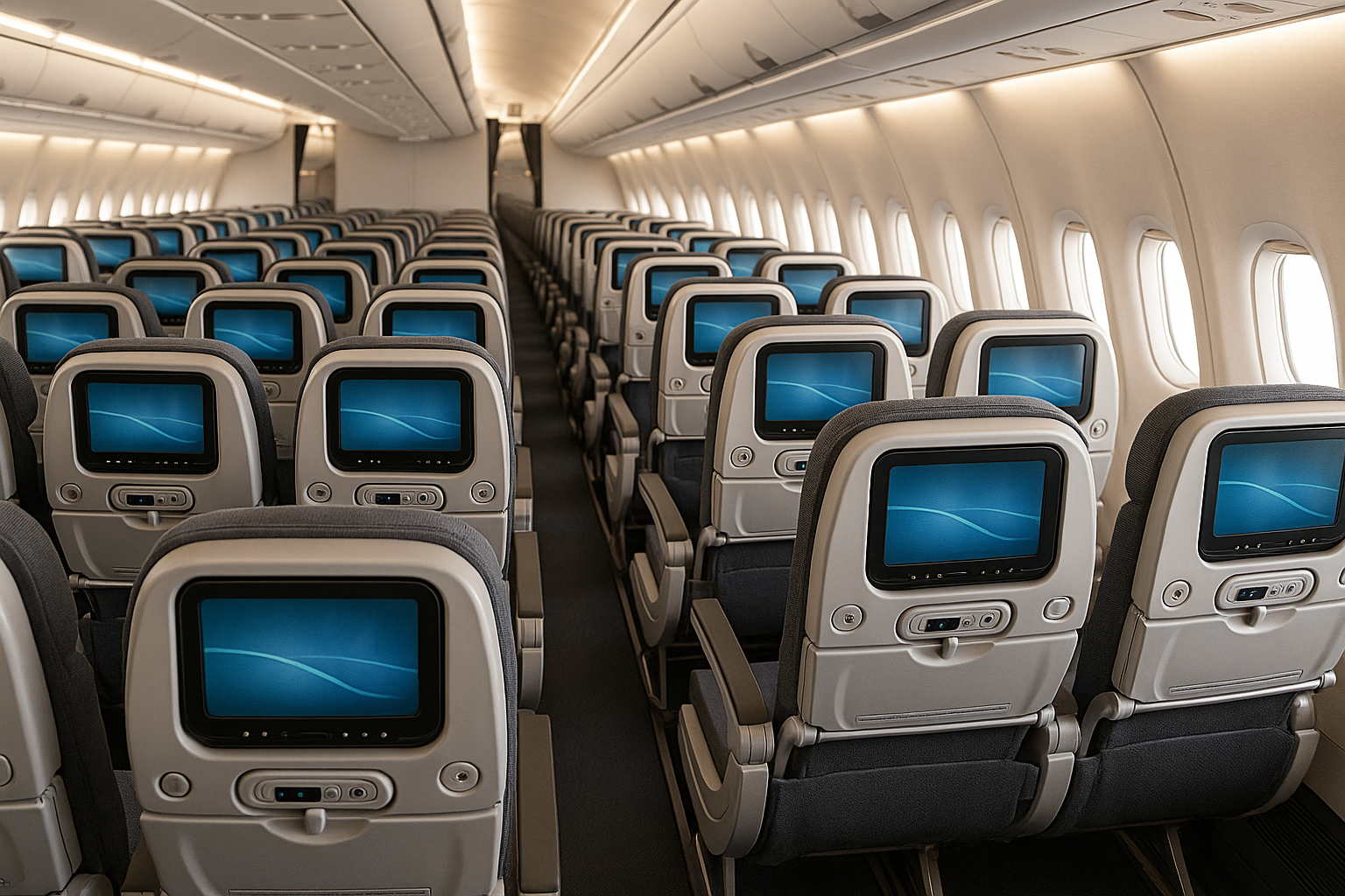 Modern airplane cabin interior with passenger amenities