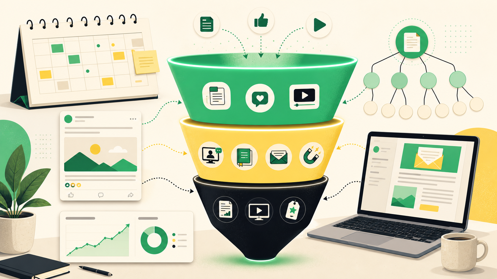 Illustration du funnel TOFU/MOFU/BOFU avec calendrier éditorial, newsletter et architecture pillar/cluster