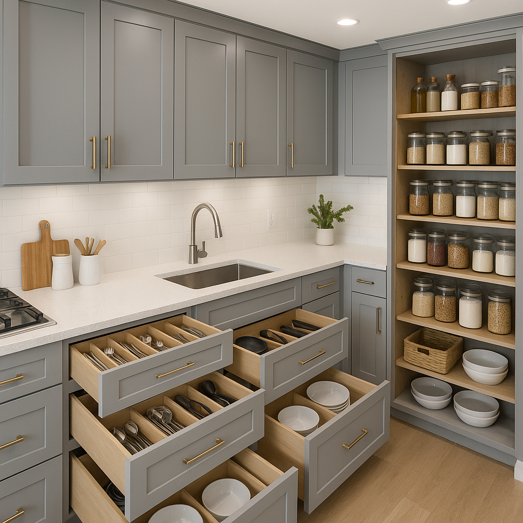 Cocina moderna bien organizada con sistema de almacenamiento optimizado