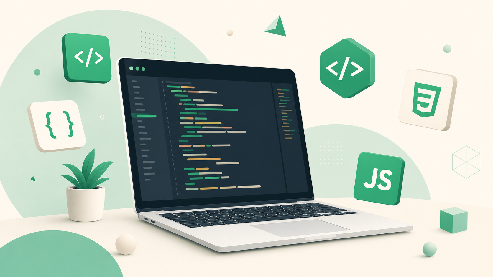 Illustration éditoriale d'un développeur web avec un laptop et des éléments de code flottants