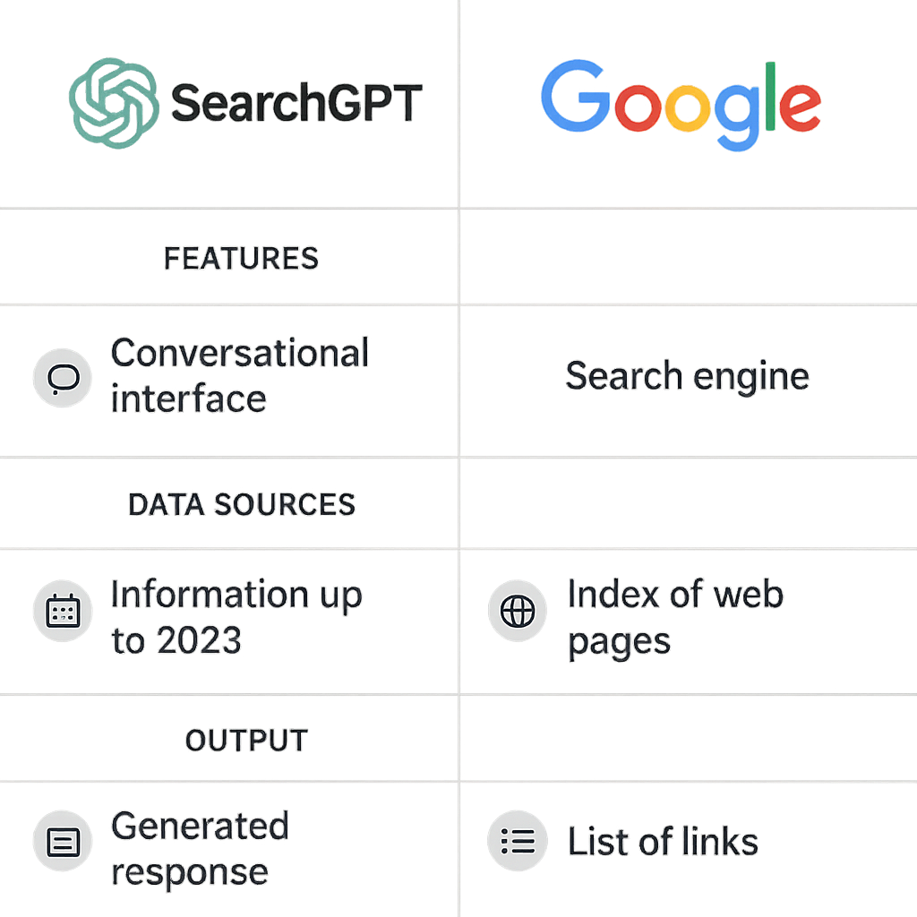 Visual comparison between SearchGPT and Google search engines