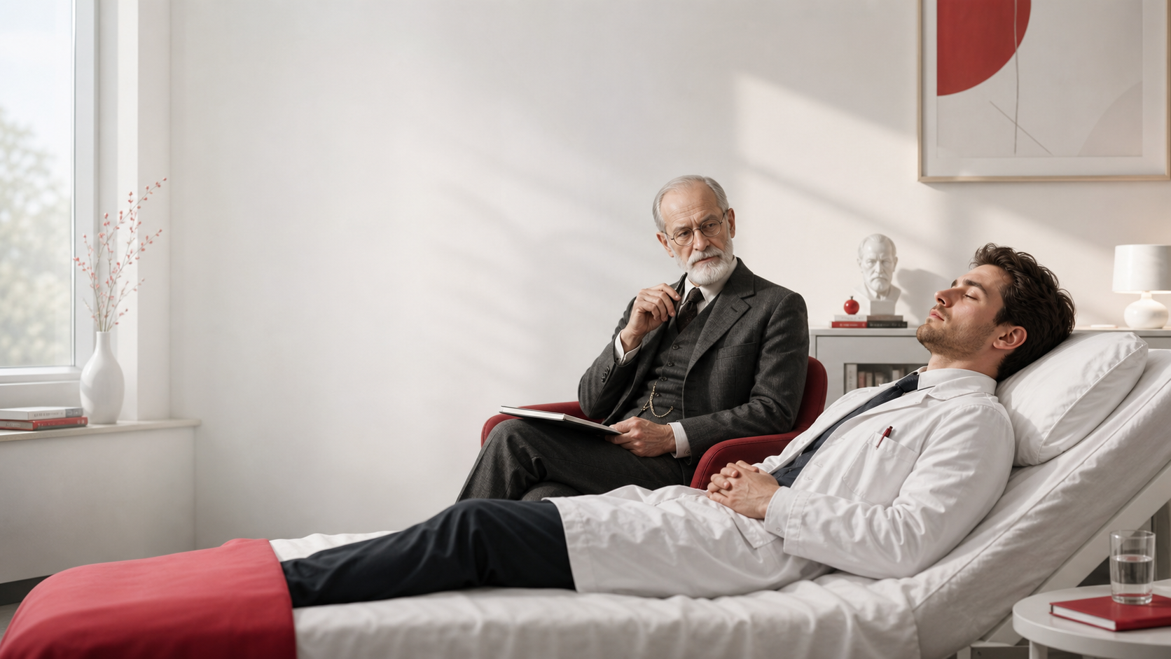 Illustration eines Arztes auf einem Krankenhausbett mit psychoanalytischer Szene im Hintergrund