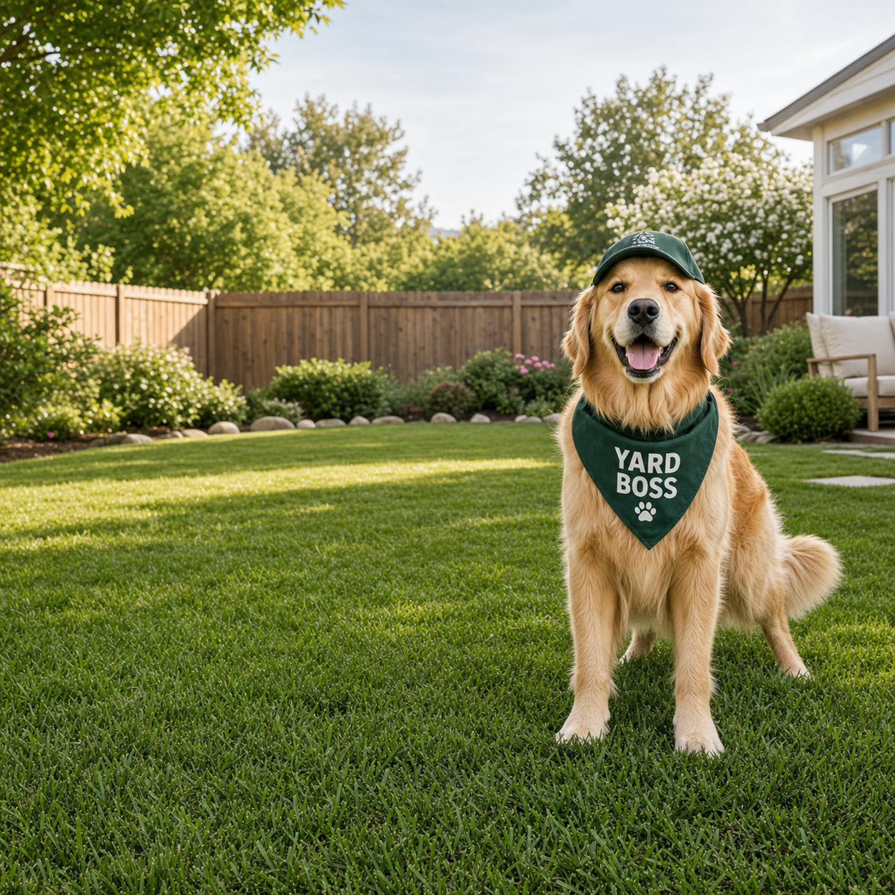 Happy dog in a clean backyard
