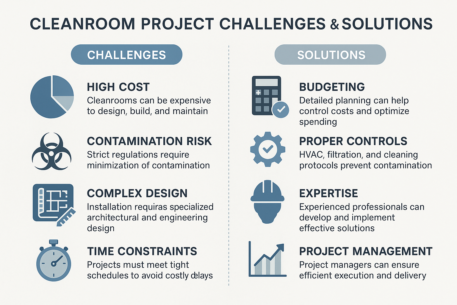 Infografika głównych wyzwań i rozwiązań w projektach cleanroom