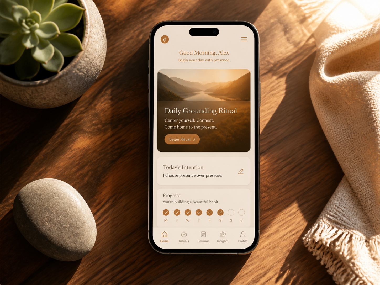 Smartphone displaying a calm wellness app interface beside a succulent plant and river stone in warm morning light representing The Healing Companion App