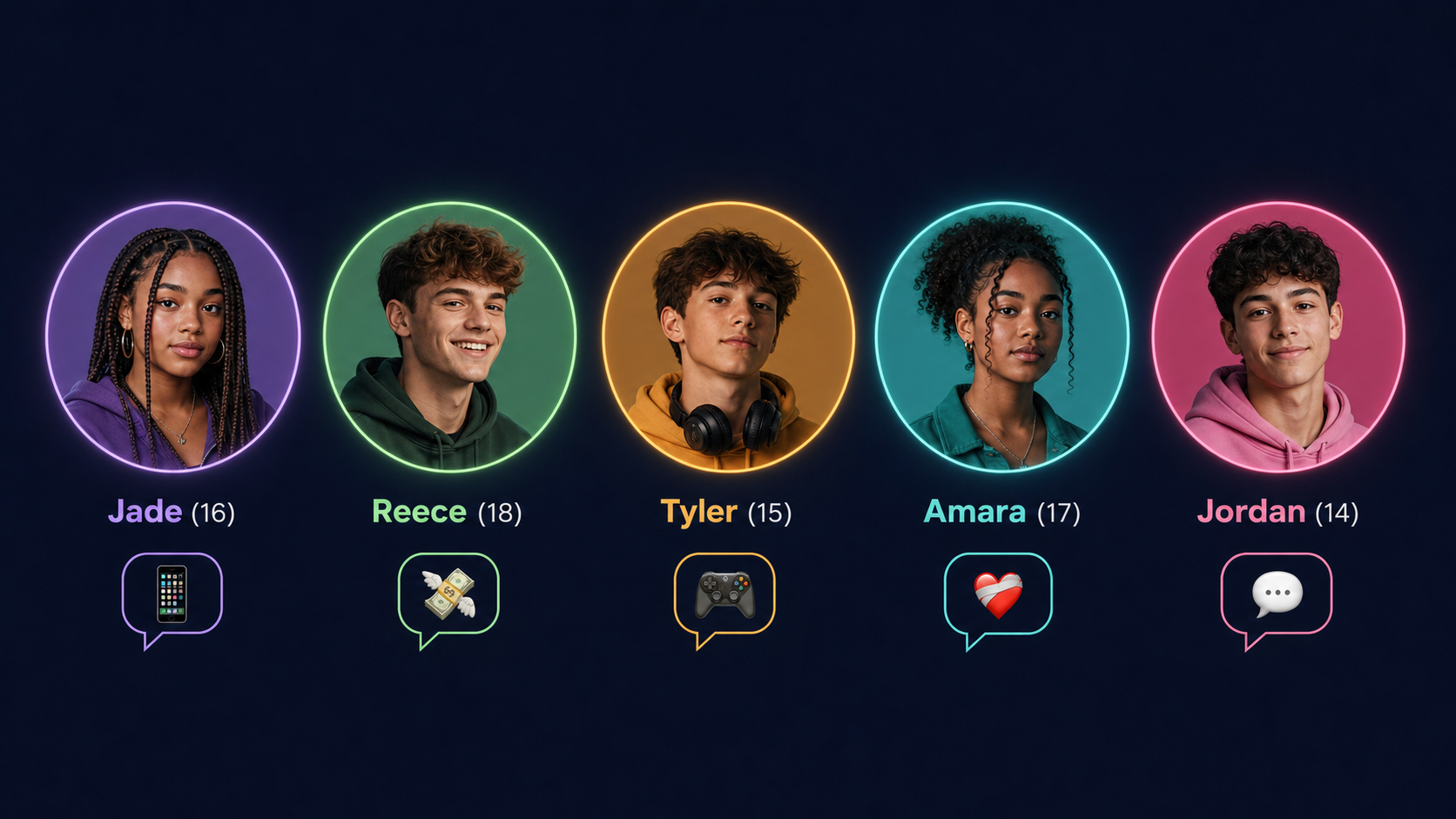 Five simulator characters: Jade, Reece, Tyler, Amara, Jordan