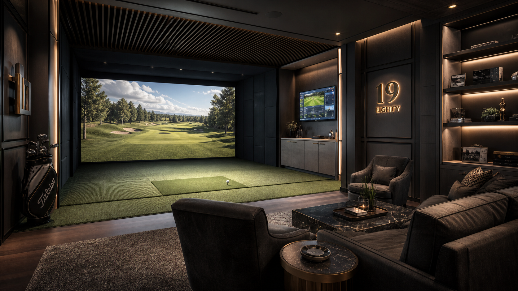 Luxury custom golf simulator room with impact screen, hitting turf, projector fairway display, and premium interior finishes