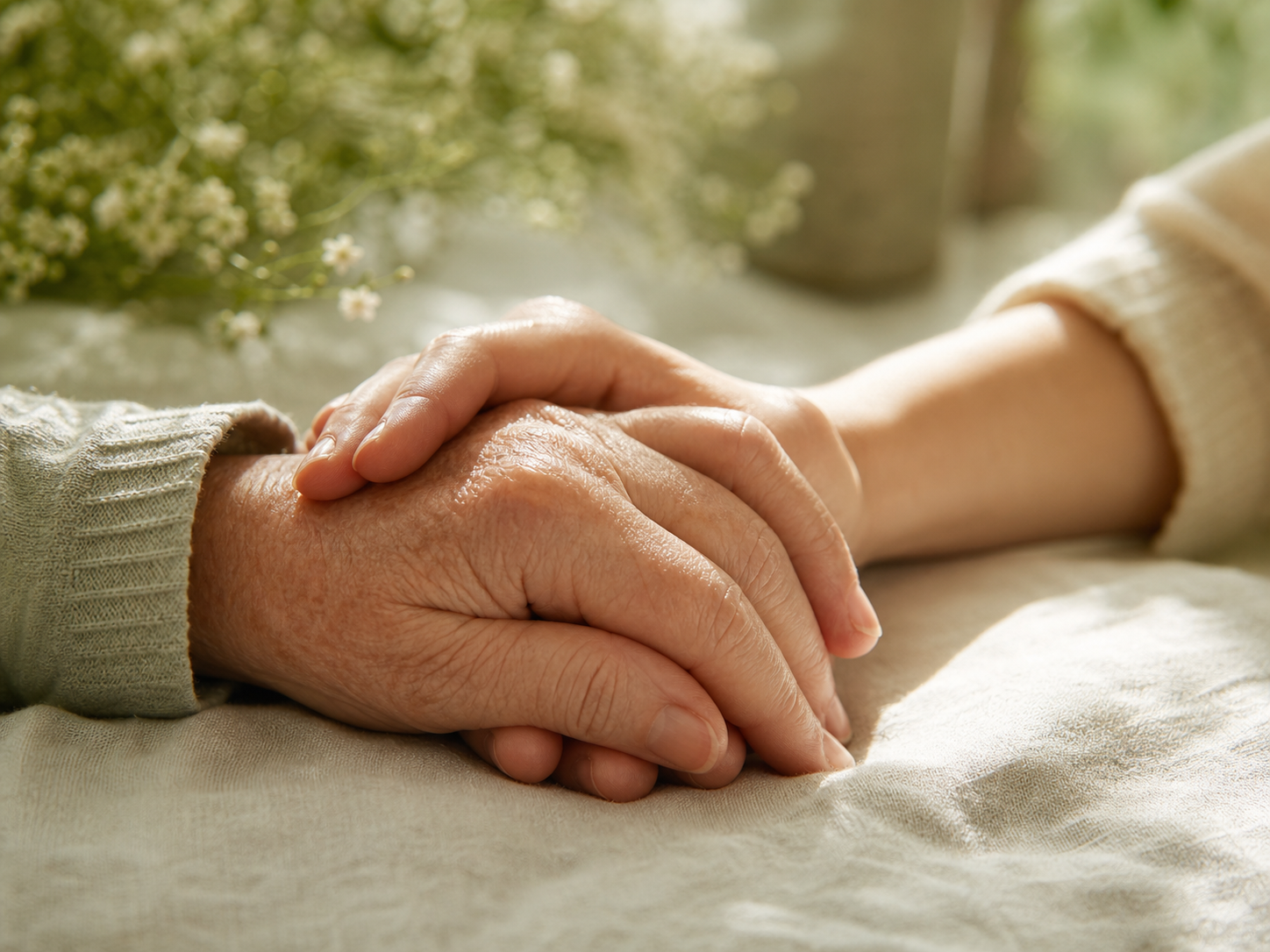 Two women's hands clasped together in accompaniment and care