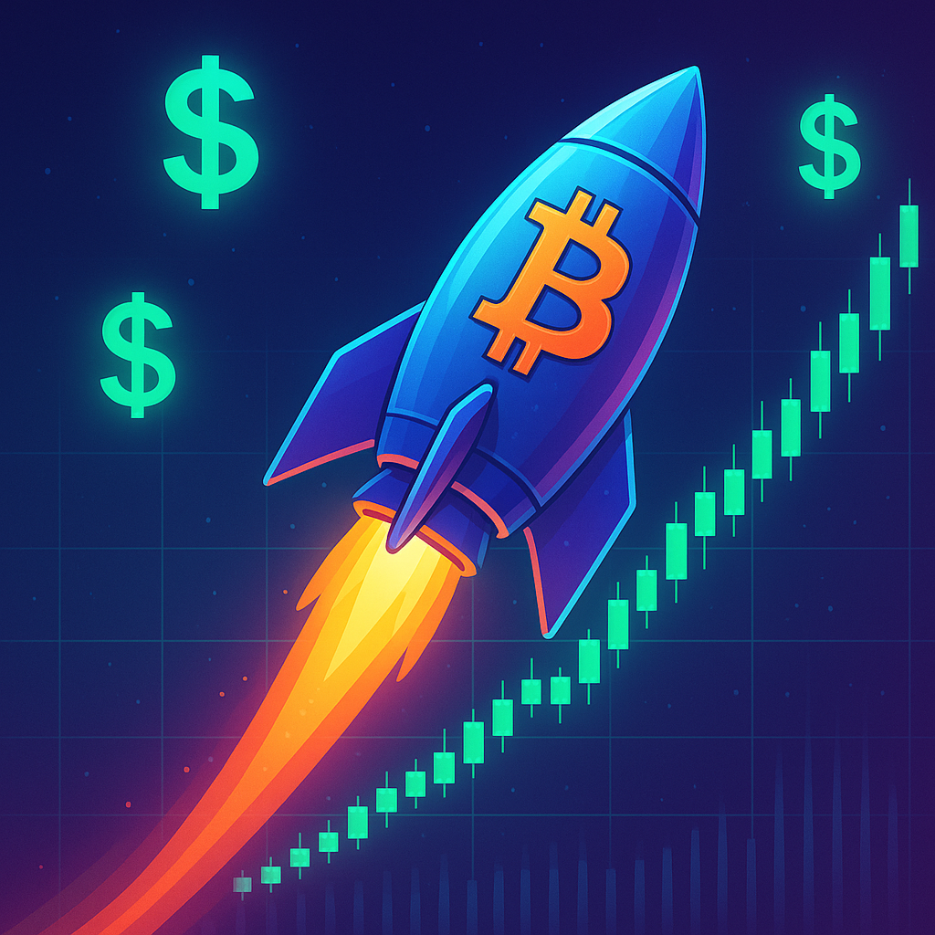 Bitcoin rocket ship with upward price chart and green trading candles