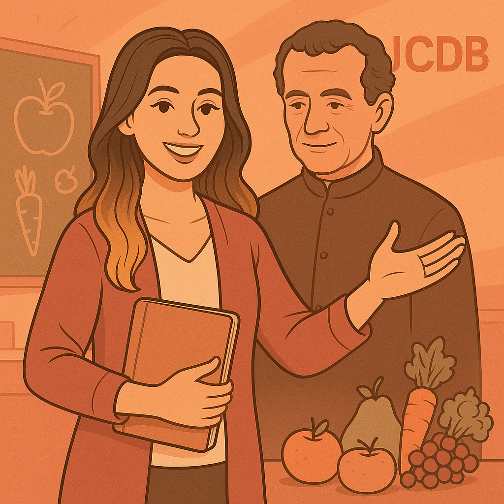 Image of a female professor with São João Bosco guiding her profession, in pink and orange tones with UCDB acronym.