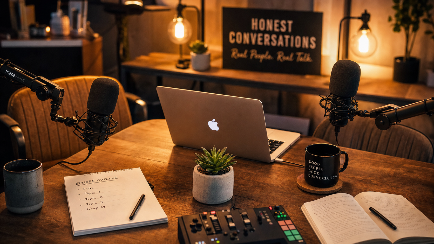 Podcast recording studio with two microphones