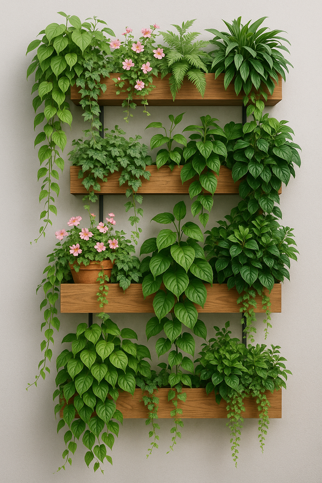 Jardín vertical con plantas colgantes y trepadoras