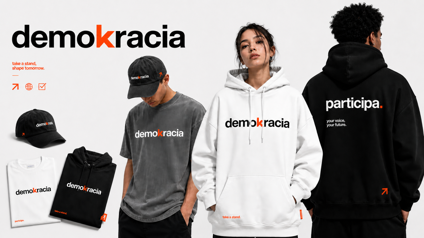 Mockup de Demokracia con logo en naranja y prendas streetwear: sudadera, camiseta y gorra