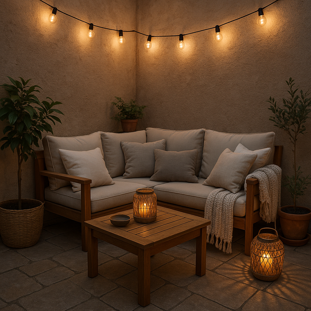 Rincón acogedor con asientos cómodos en patio pequeño con colores neutros