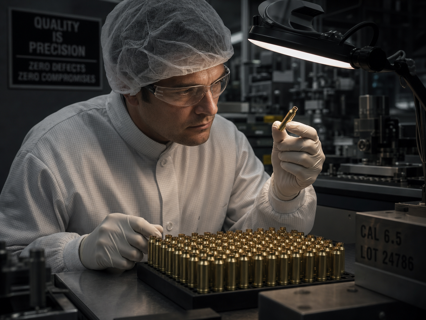 Chesapeake Cartridge quality control process — technician inspecting cartridge casings