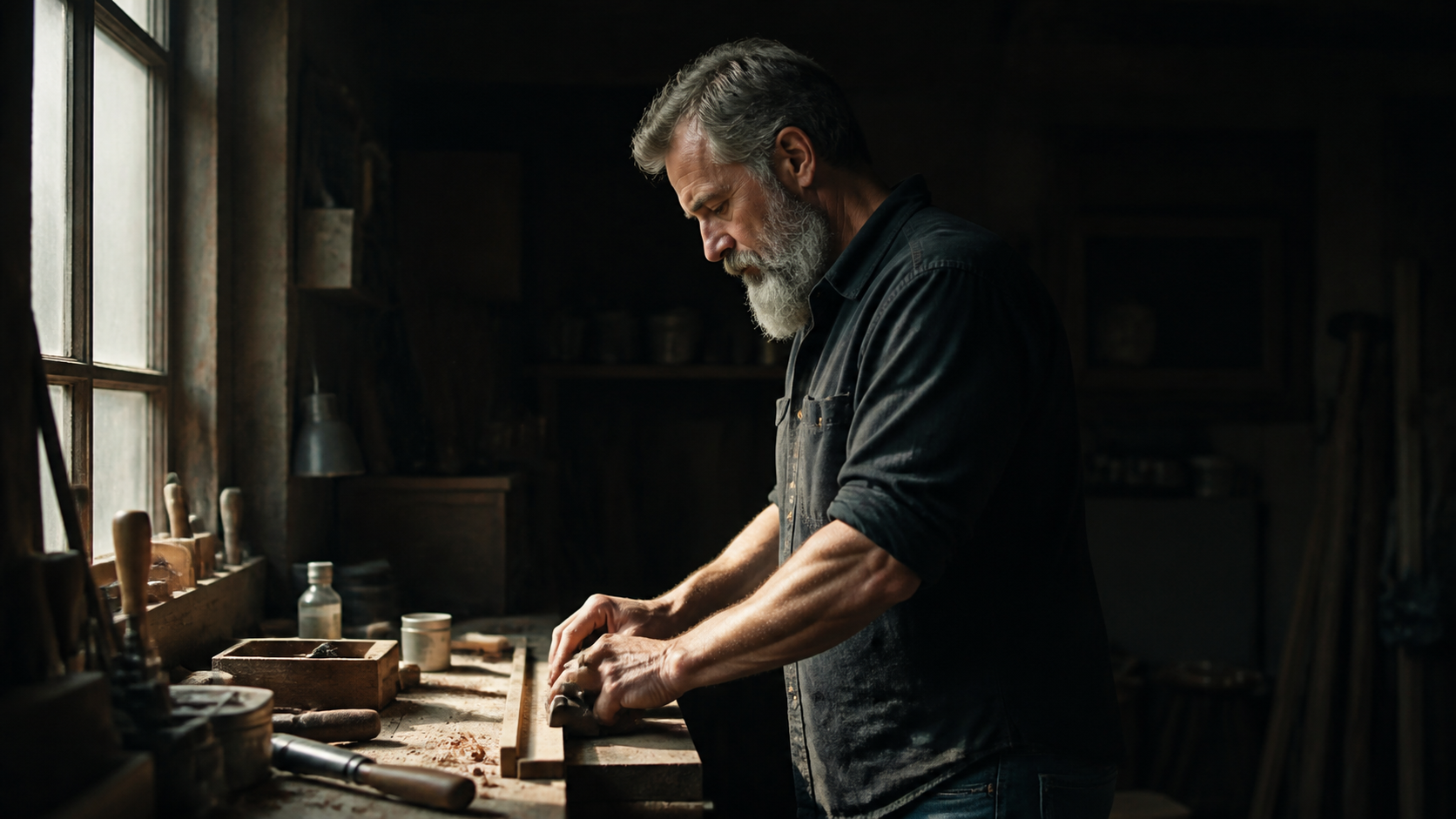 An older man with a grey beard absorbed in craft at a workbench, strong lateral window light