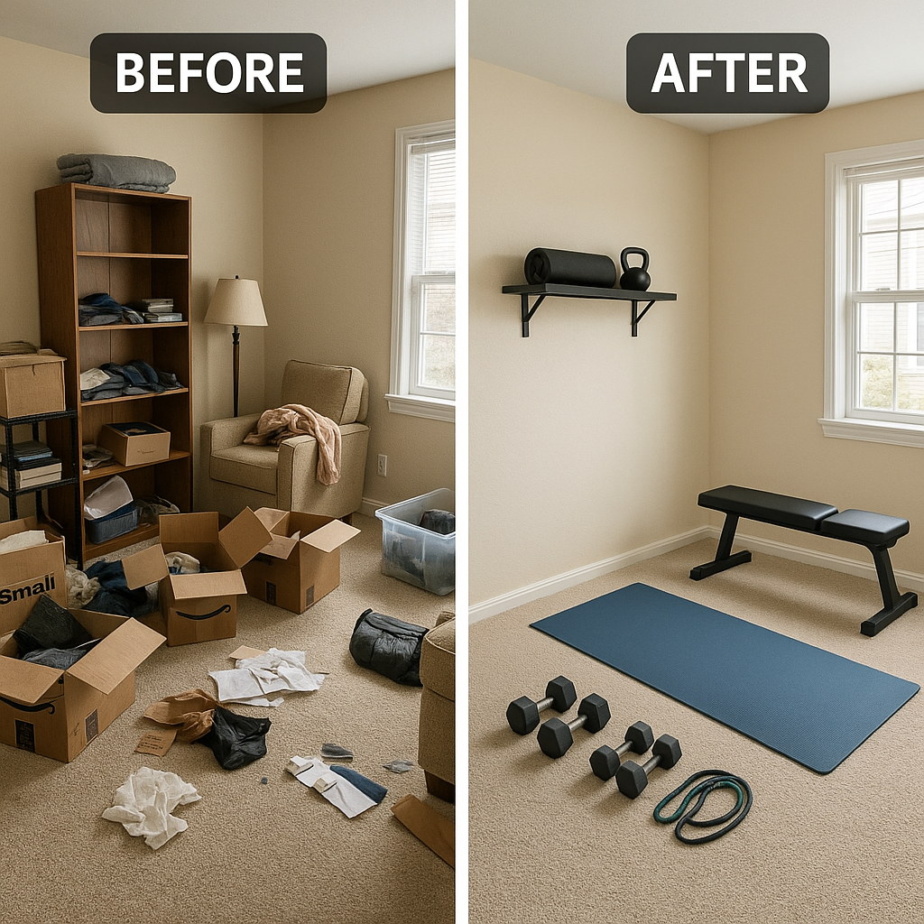 Budget home gym transformation showing before and after results