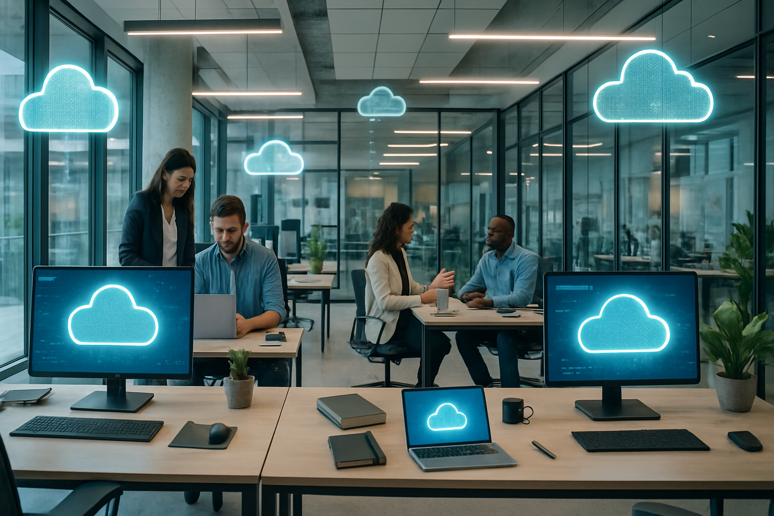 Modern software company office with cloud computing visual elements