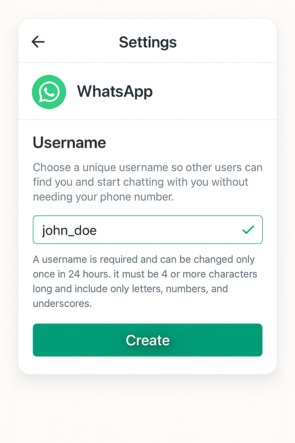 WhatsApp username feature interface mockup showing profile settings