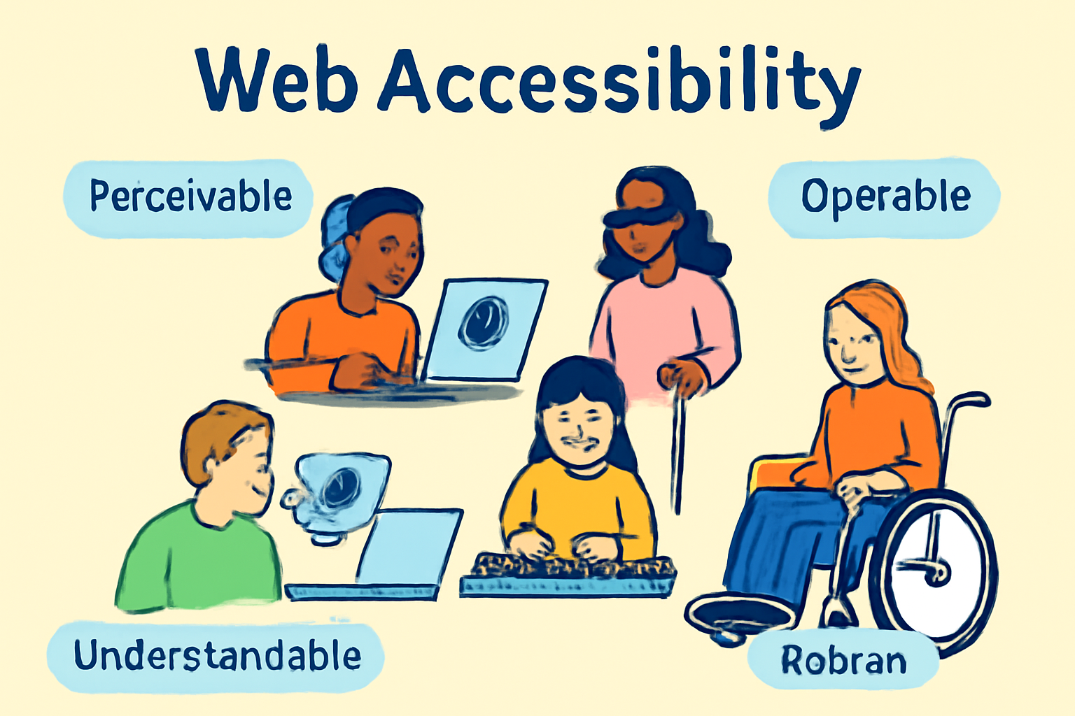 Illustration of inclusive web accessibility with diverse users and WCAG principles in English