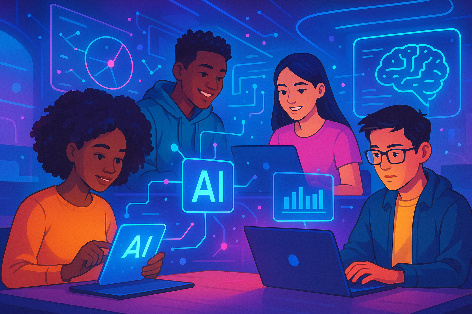 Students using AI tools in a modern digital learning environment