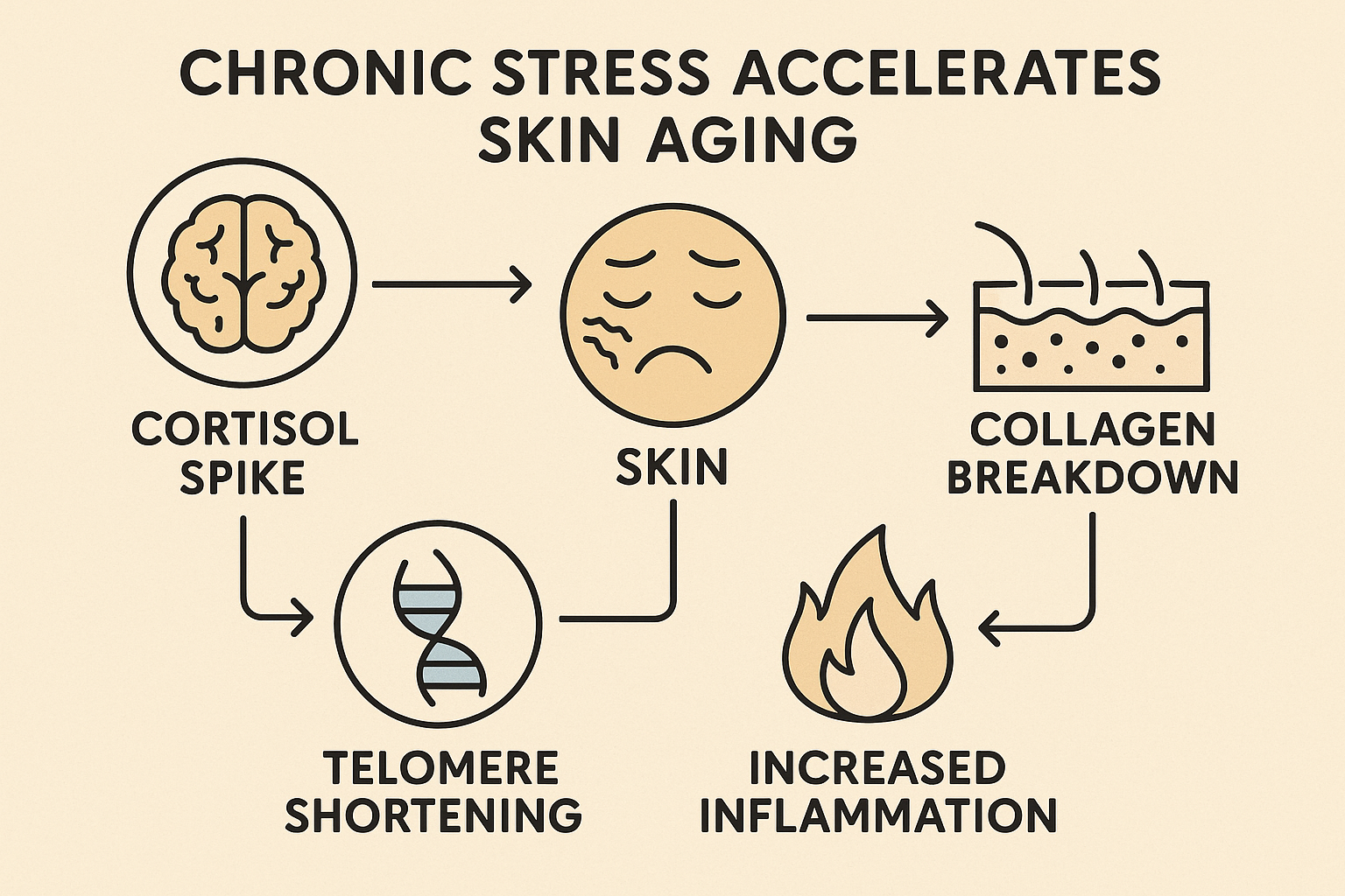 Infographic: Biological pathways linking chronic stress to premature skin aging