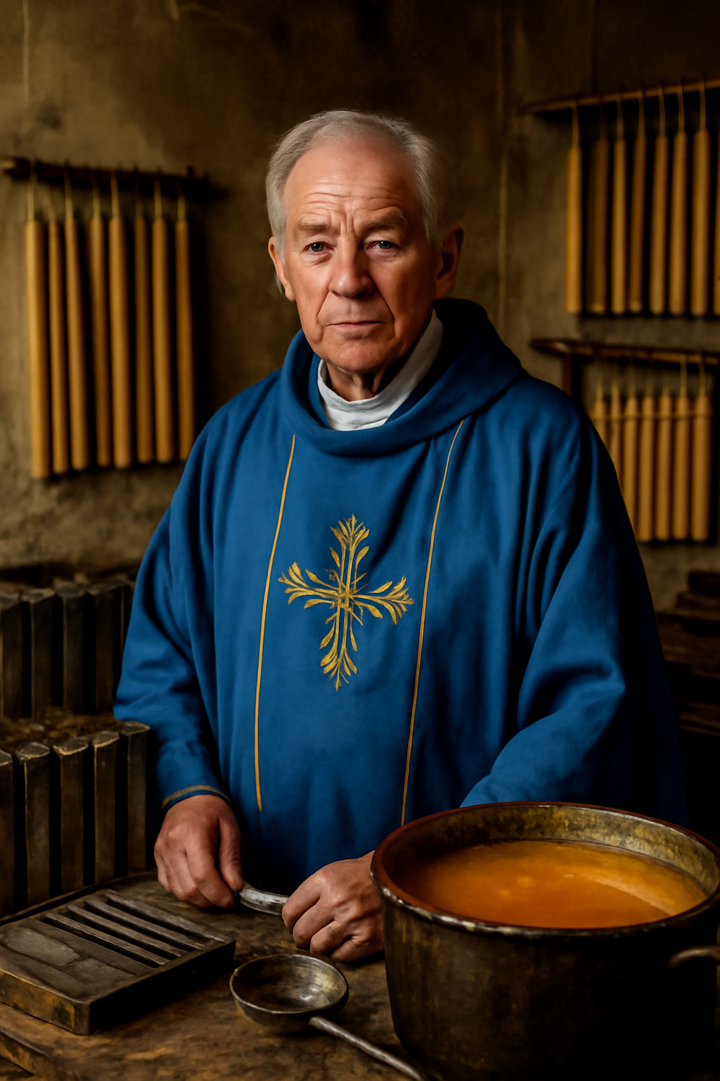 Portrait of a 68-year-old priest in blue robes in a church candle casting workshop, National Geographic style.