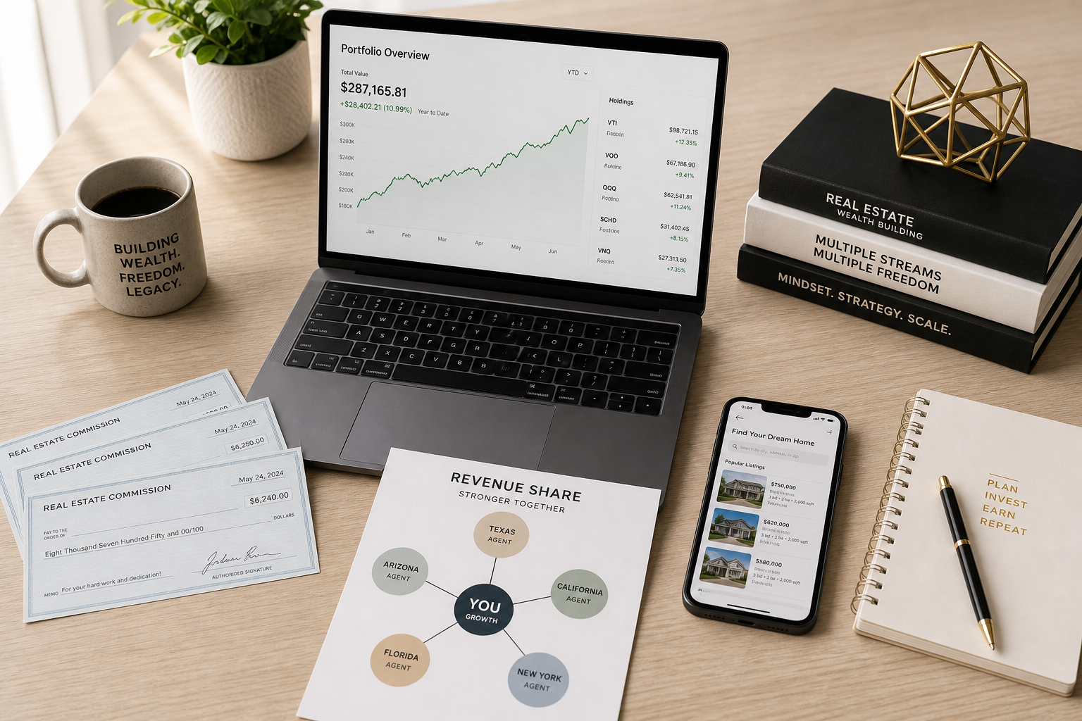 Multiple income stream visualization — commission checks, stock portfolio, network diagram