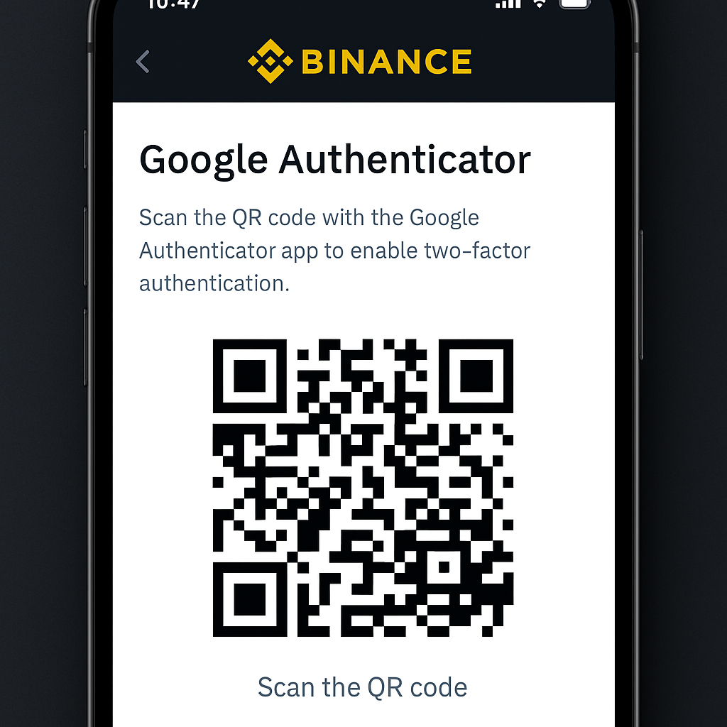 Binance app interface displaying Google Authenticator setup process with QR code