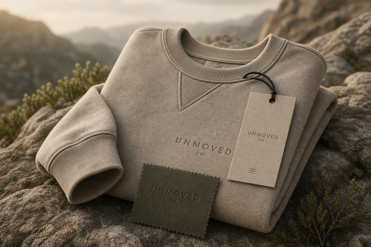UNMOVED CO. product teaser featuring earth-tone apparel details with a subtle nature background