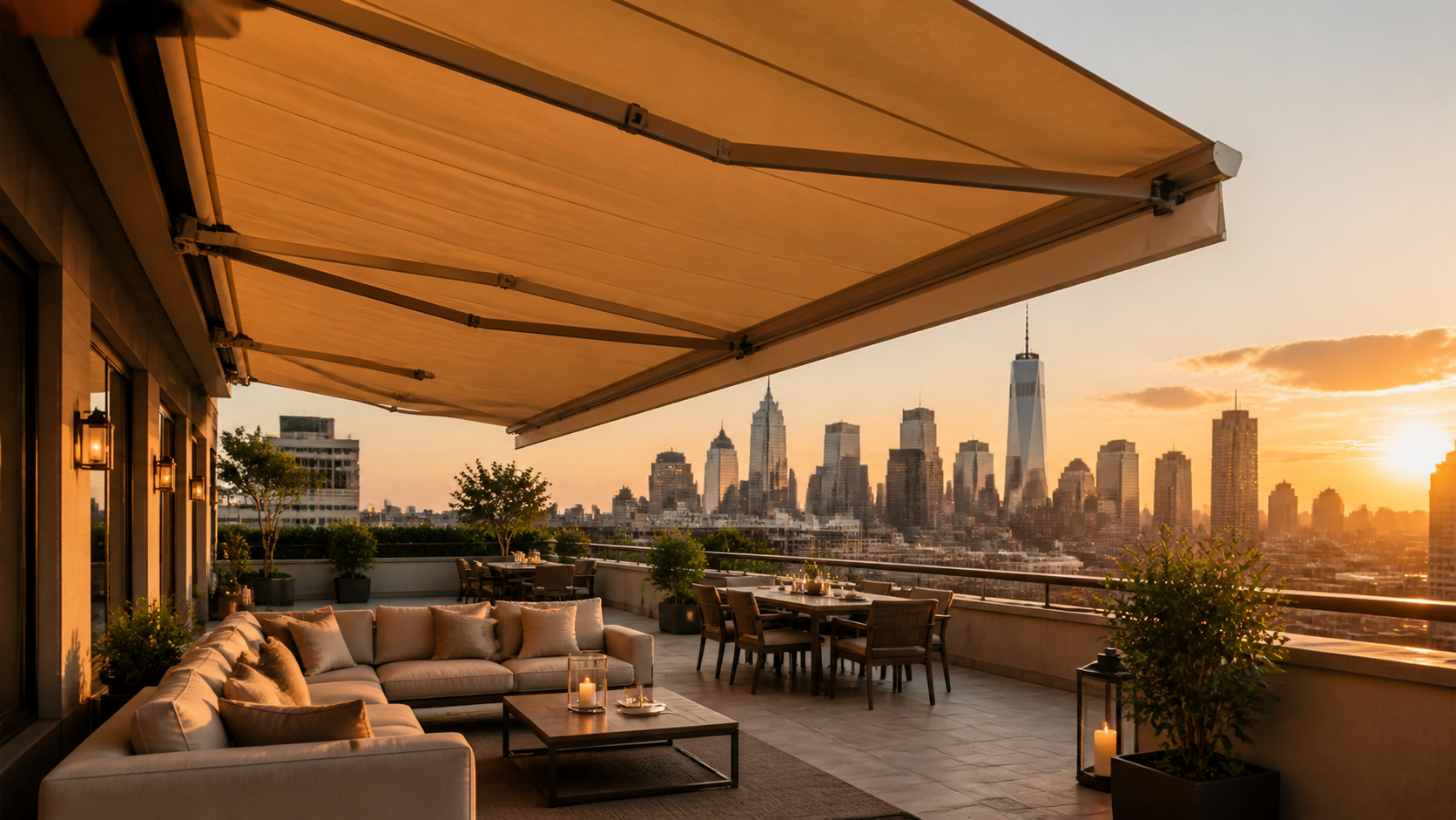 Luxury hotel terrace with premium retractable awning at golden hour