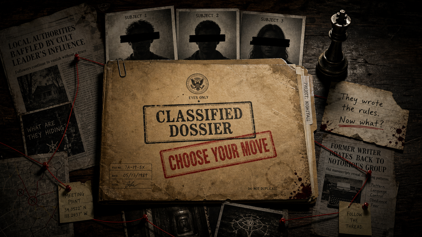 Classified dossier files spread on a desk