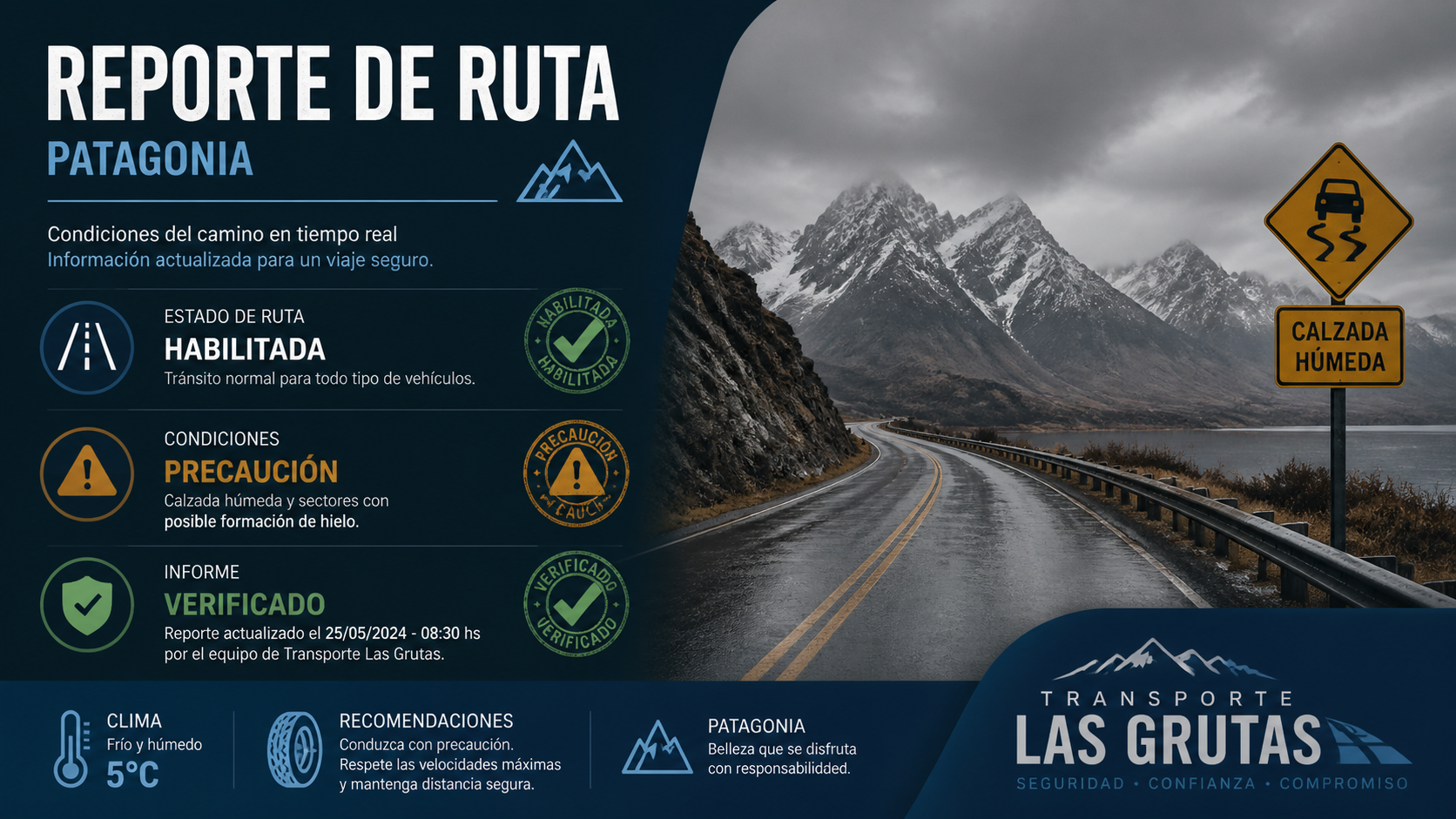 Ruta patagónica húmeda con estética institucional para informe vial