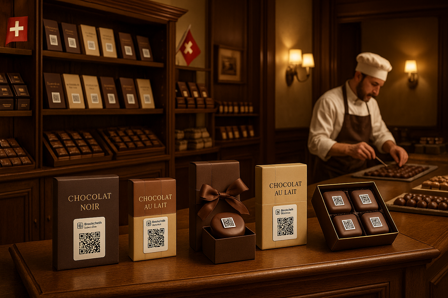 Artisan chocolate workshop in Switzerland featuring blockchain-verified limited-edition chocolate batches with QR verification codes