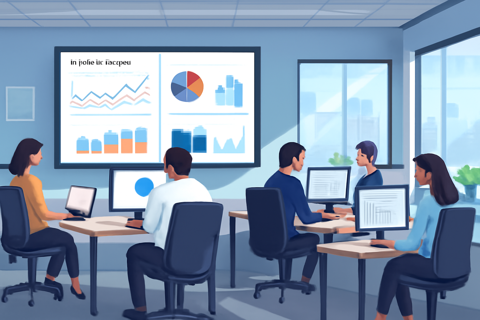 Office with employee monitoring dashboard visuals