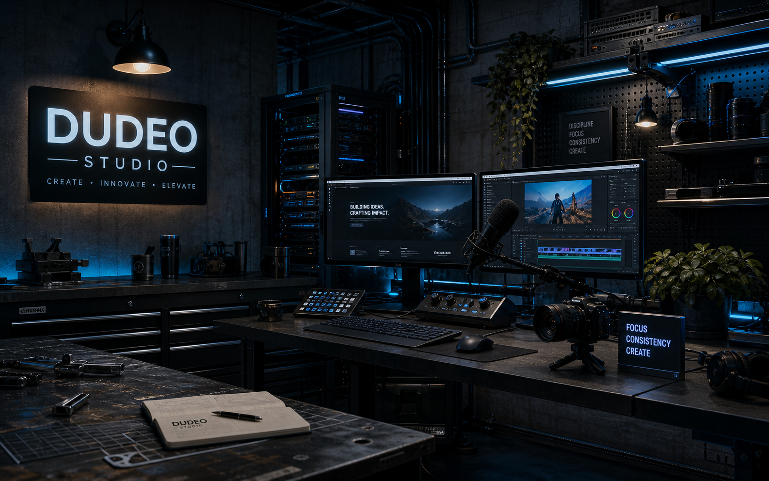 Industrial-tech creator workspace artwork for Dudeo Studio
