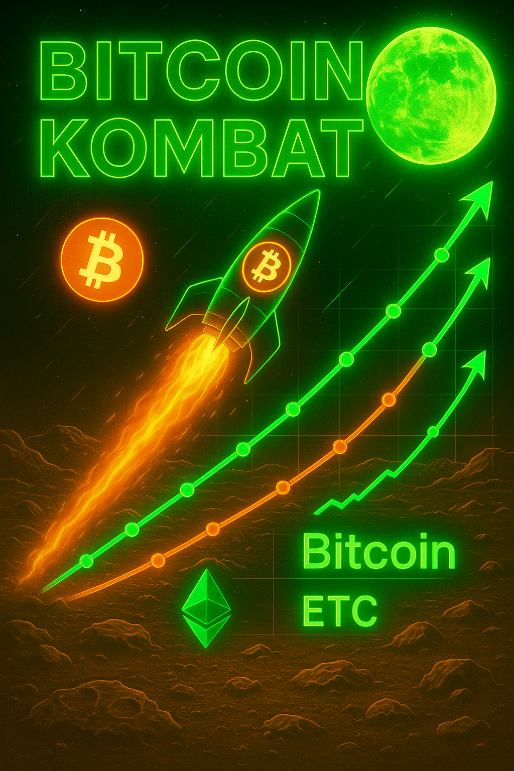Новости рынка криптовалют: что ожидать от биткоина и какие события повлияют на курс. Луна с надписью "Bitcoin Kombat" в неоновом стиле для крипто поста