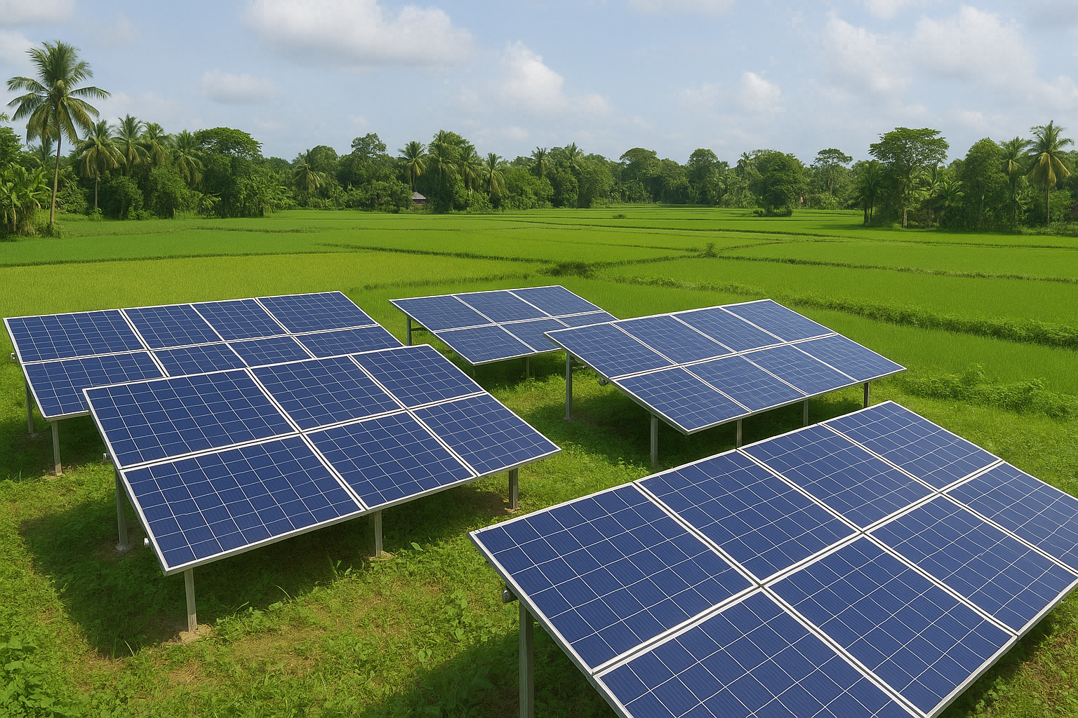 Ground-mounted solar panel system in Bangladesh rural setting