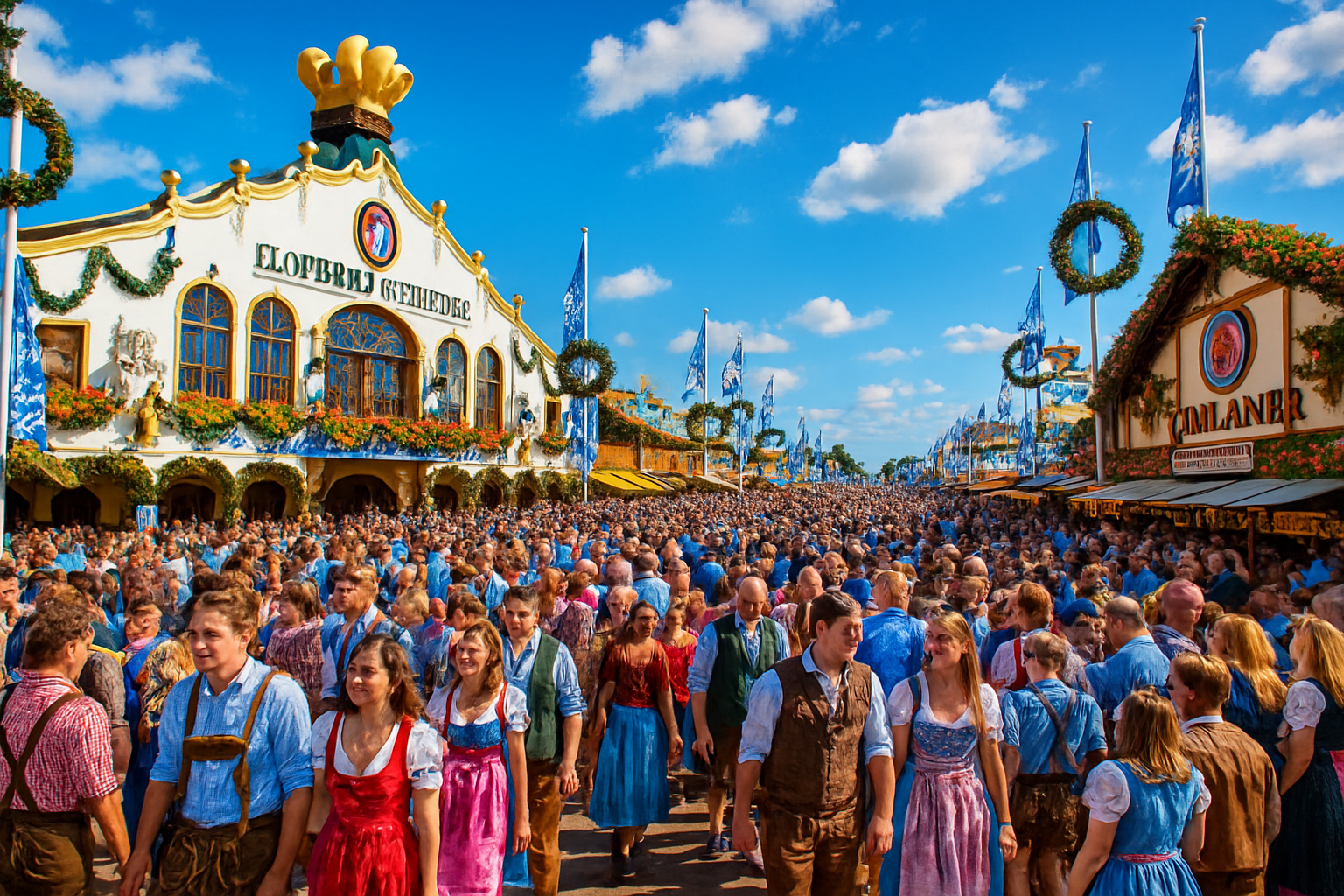 Oktoberfest 2025 celebration showing traditional German beer festival in Munich with people in lederhosen and dirndl clothing raising beer steins in festive atmosphere