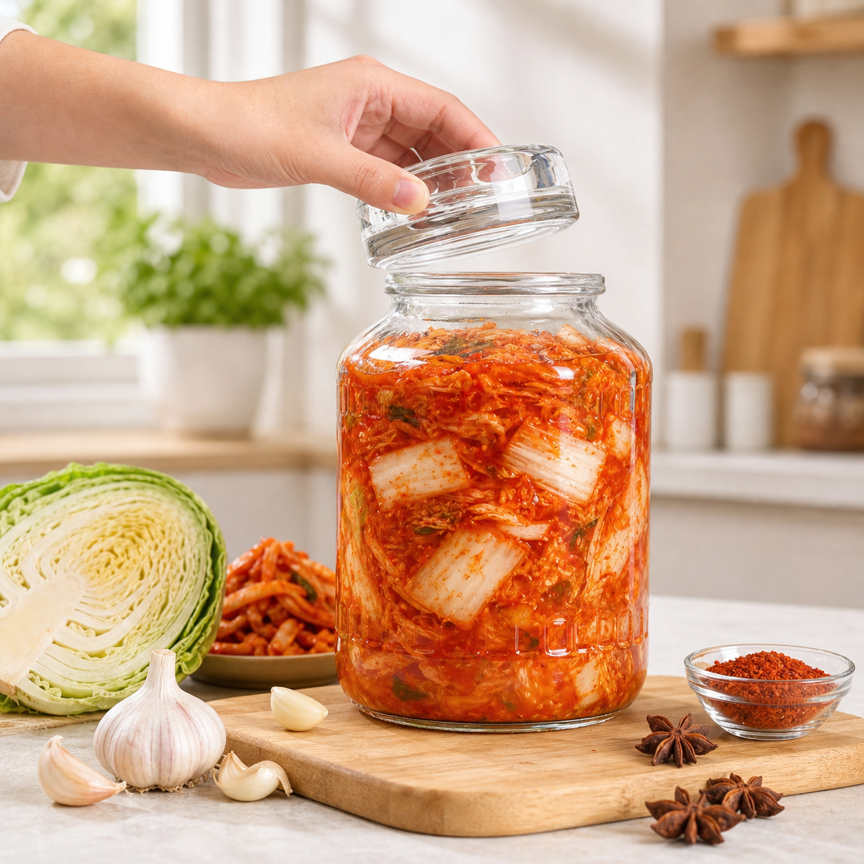 Großes Glasfermentierglas mit Kimchi – kein Plastik