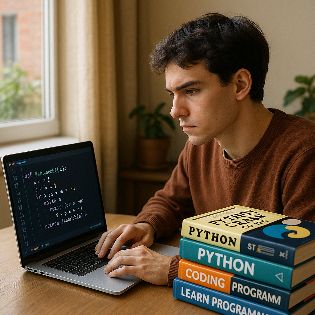 A beginner learning Python programming with educational resources and coding environment